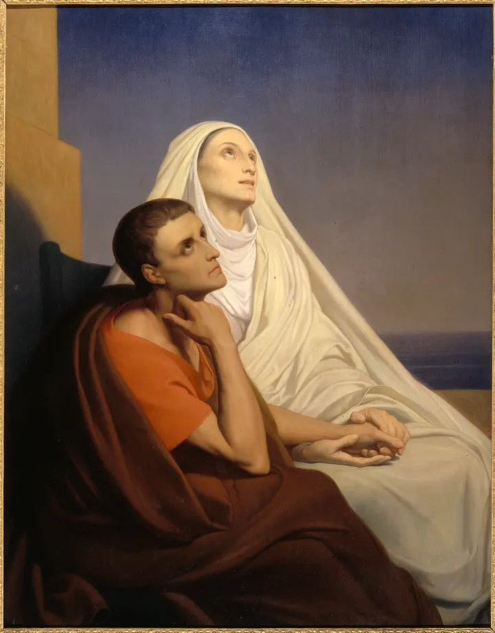 Santa Mónica y san Agustín, juntos mirando al cielo, en la pintura de Ary Scheffer.